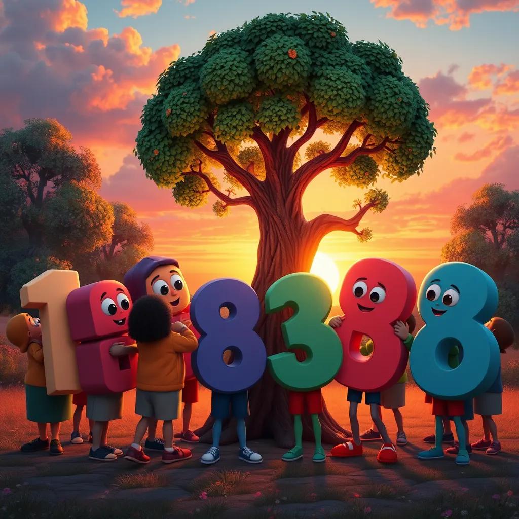 Image of The numbers gathered together, thanking the tree, with a beautiful sunset in the background, showing harmony and teamwork, heartwarming scene, detailed digital art, vivid colors