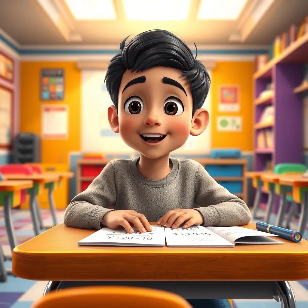 Image of A young Arab boy, Sami, with short black hair and bright eyes, sitting at a desk in a colorful classroom, looking at math problems excitedly, digital art, cheerful atmosphere, vibrant colors, high quality