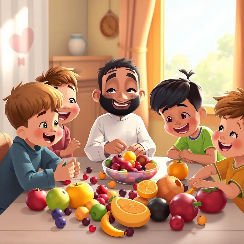 Image of Sami counting fruits with his friends around him, colorful fruits scattered on the table, all kids excited and engaged, bright sunlight coming through the window, joyful atmosphere, digital illustration, high quality