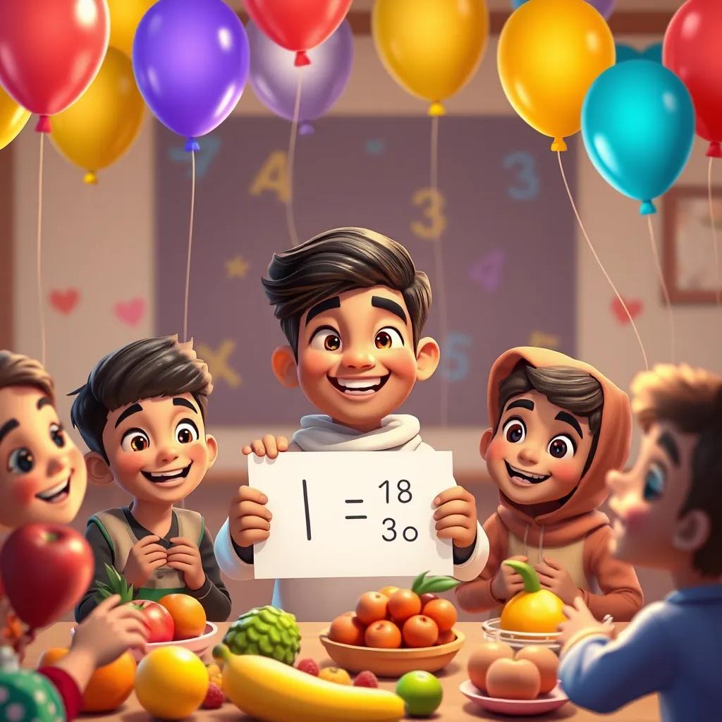 Image of A happy ending scene with Sami and his friends celebrating their math success, balloons and fruits around, everyone smiling, warm colors, heartwarming vibe, digital art, high quality