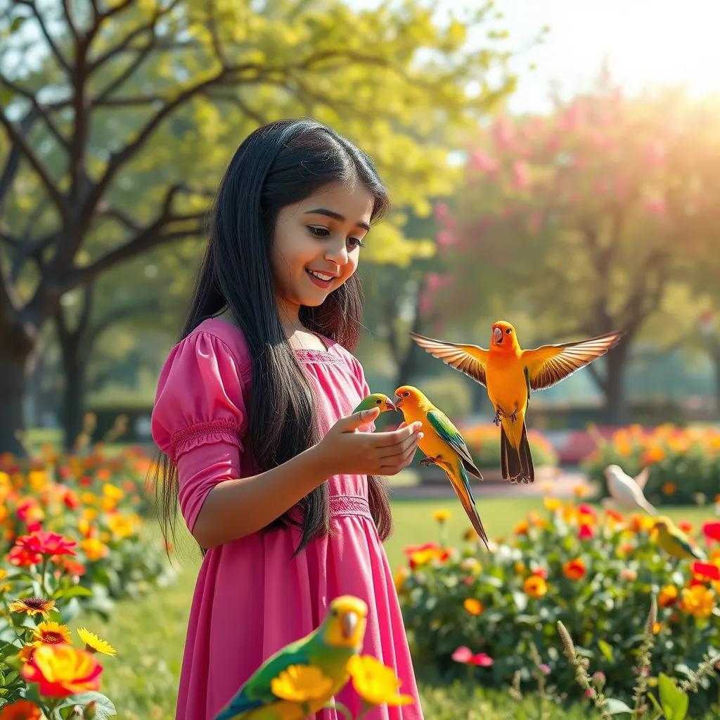 Image of Maha, a young Arab girl with long black hair, wearing a bright pink dress, feeding colorful birds in a sunny park filled with green trees and flowers, digital art, cheerful, vibrant colors, inviting atmosphere, high quality