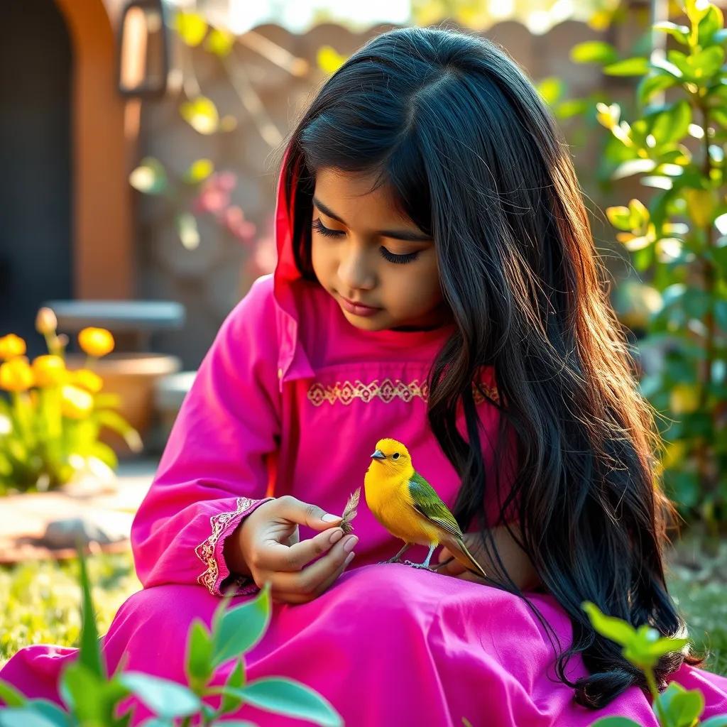 Image of Maha, a young Arab girl with long black hair, wearing a bright pink dress, sitting next to the yellow bird, giving it food and a small feather, in a cozy garden, warm sunlight, nurturing atmosphere, charming, story-like quality