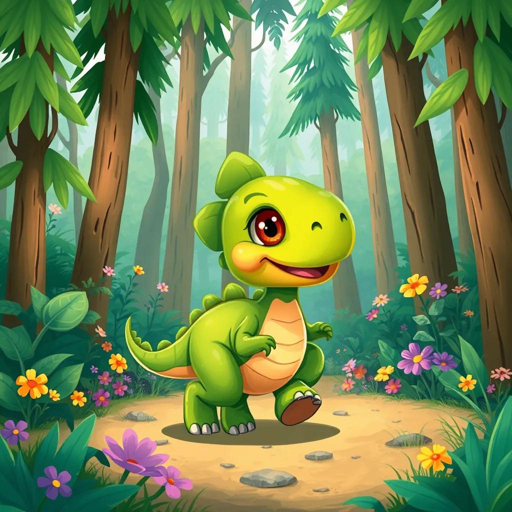 Image of A small dinosaur named Dora, with green scales and big friendly eyes, walking in a lush green forest filled with tall trees and colorful flowers, digital art, vibrant colors, cheerful atmosphere, high quality