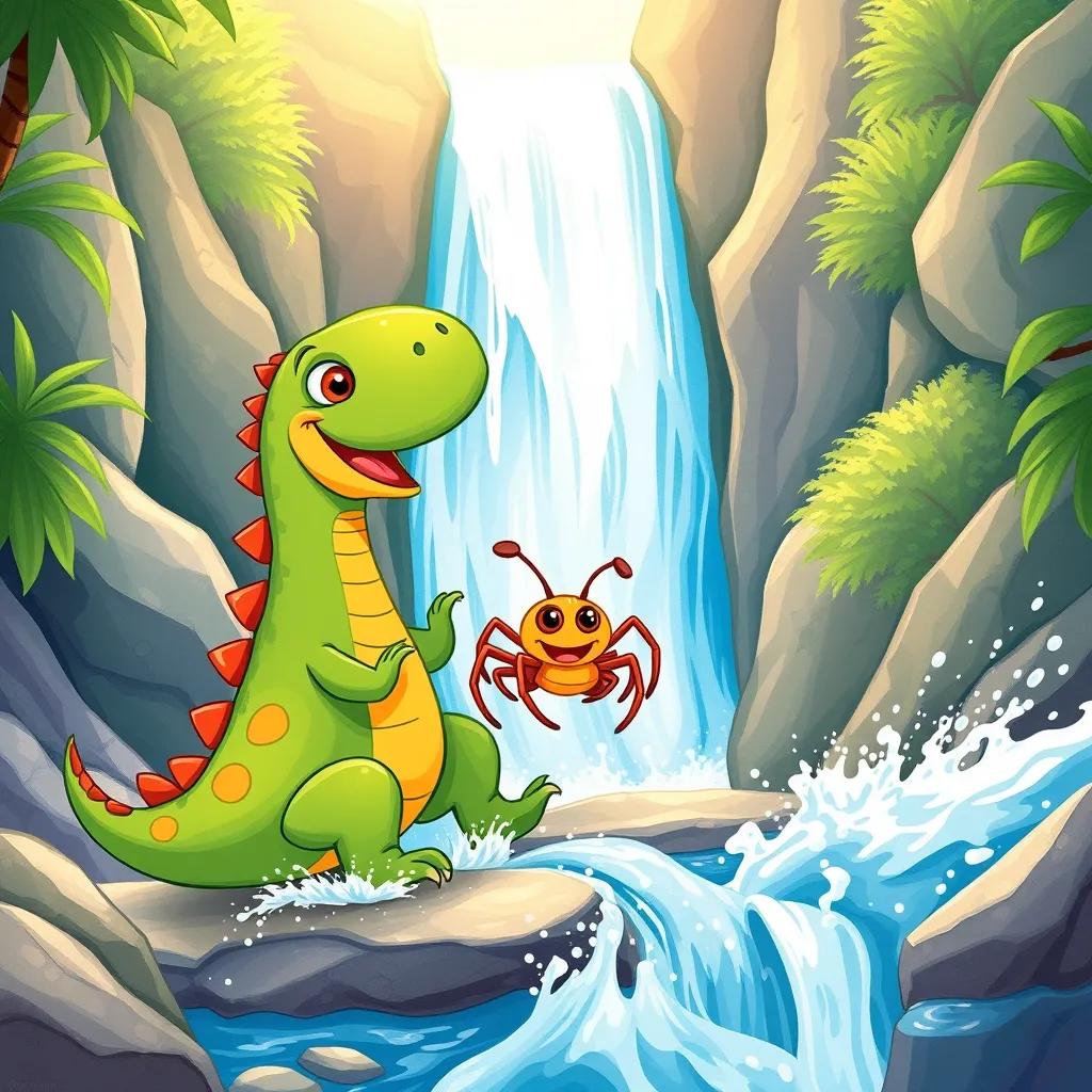 Image of Dora the dinosaur happily playing with Beebi, the spider, as they navigate a beautiful waterfall together, splash of water around, fun and adventurous scene, cheerful colors, bright sunlight