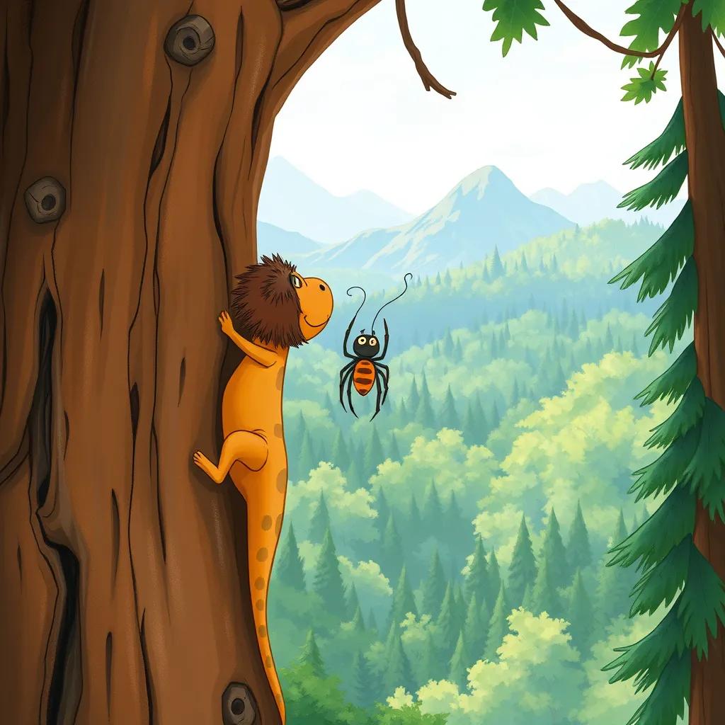 Image of Dora the dinosaur and Beebi the spider climbing a tall tree together, looking at the beautiful view of the forest below, detailed illustration, serene atmosphere, warm colors, heartwarming moment