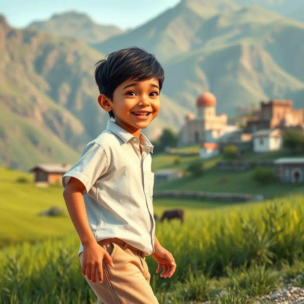 Image of A young Arab boy, Ali, with short black hair wearing a simple white shirt and beige shorts, happily playing near a mountain village in the green fields, digital art, vibrant colors, cheerful atmosphere, high quality