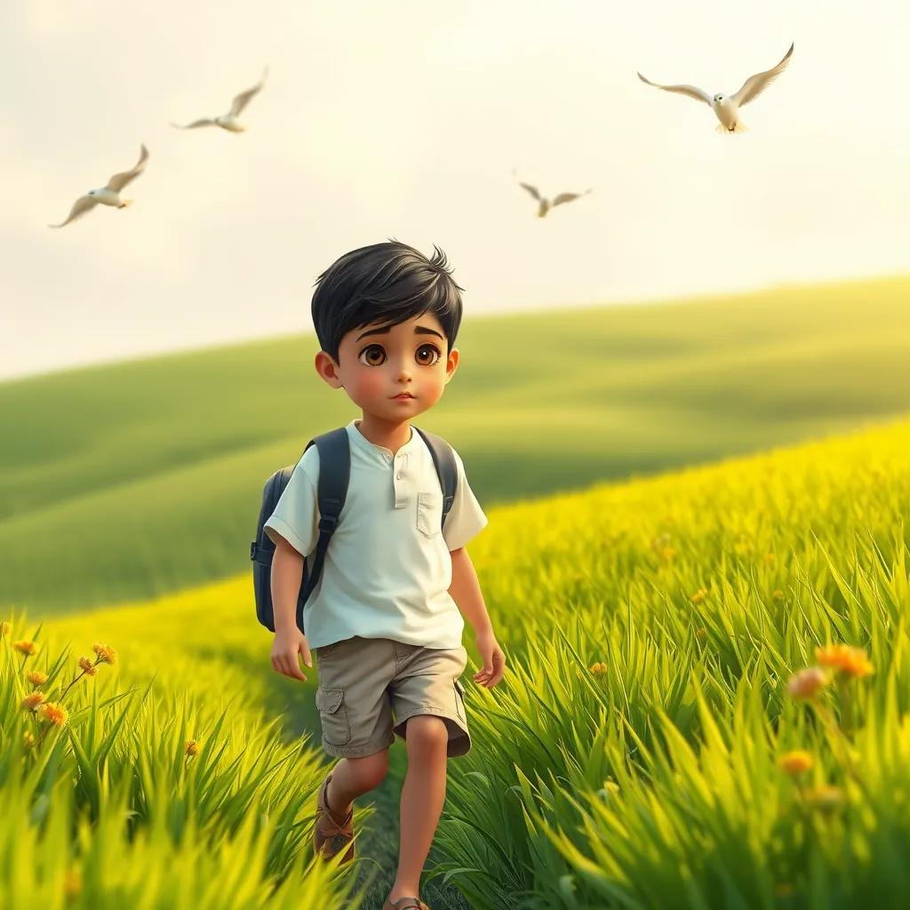 Image of A young Arab boy, Ali, with short black hair wearing a simple white shirt and beige shorts, walking through beautiful green fields while holding a small backpack, birds flying around, illustration, bright and inviting, child-friendly