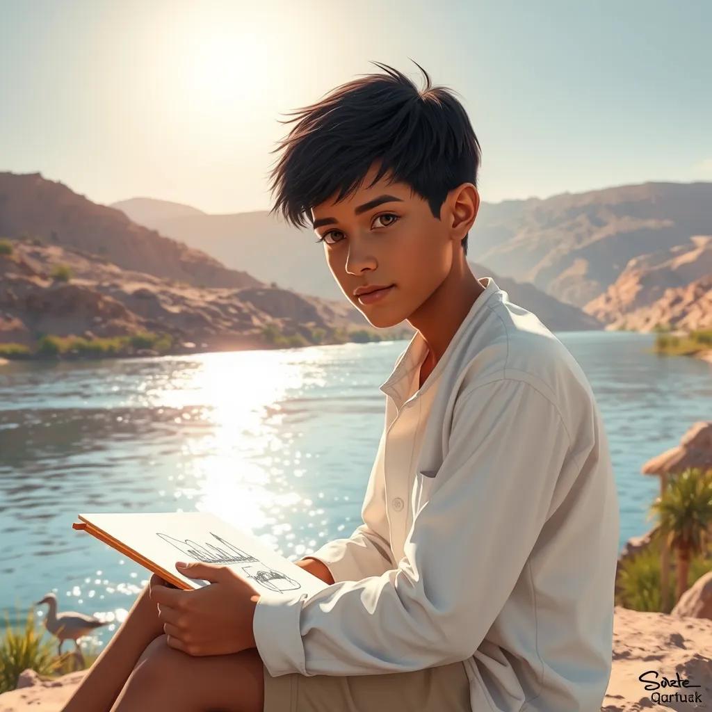 Image of Ali, a young Arab boy, with short black hair in a simple white shirt and beige shorts, sitting by a shimmering river under the sun, sketching the beautiful landscape, digital painting, calm and peaceful, vibrant