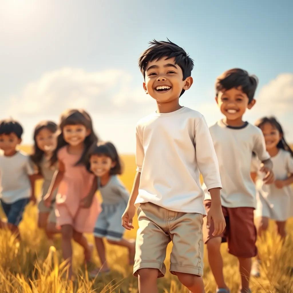 Image of A group of children, including Ali, playing together in a sunlit field; a young Arab boy with short black hair in a simple white shirt and beige shorts, smiling and laughing, illustration, lively and joyful, high quality, warm light