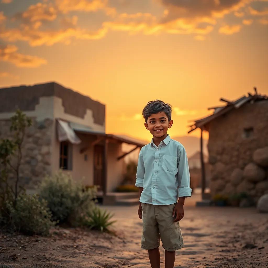 Image of Ali, a young Arab boy with short black hair in a simple white shirt and beige shorts, standing happily in front of his house in the village at sunset, surrounded by nature, warm colors, heartwarming, storytelling view, fantasy