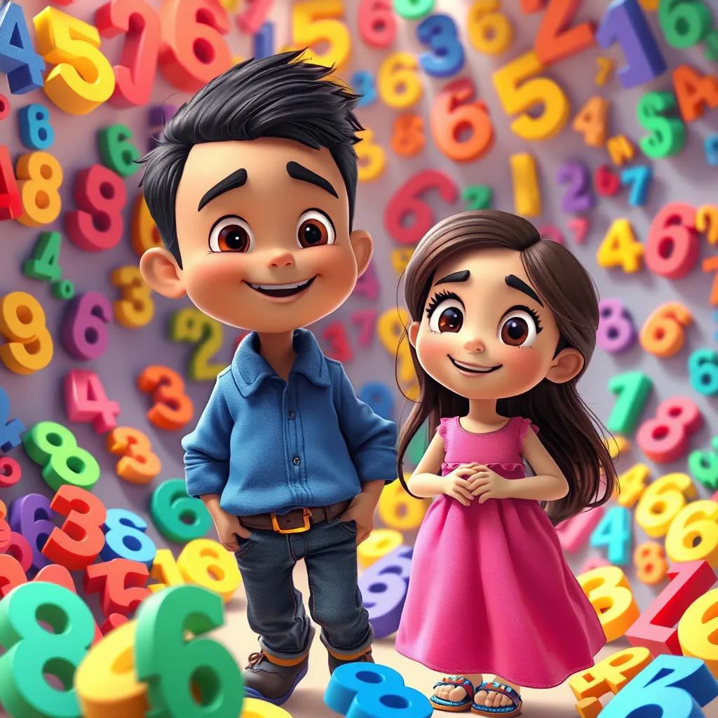 Image of A young Arab boy named Ali with short black hair, wearing a blue shirt and jeans, and a girl named Rahab with long brown hair, wearing a pink dress and sandals, exploring a colorful world filled with numbers, cheerful atmosphere, digital art, vivid colors, high quality