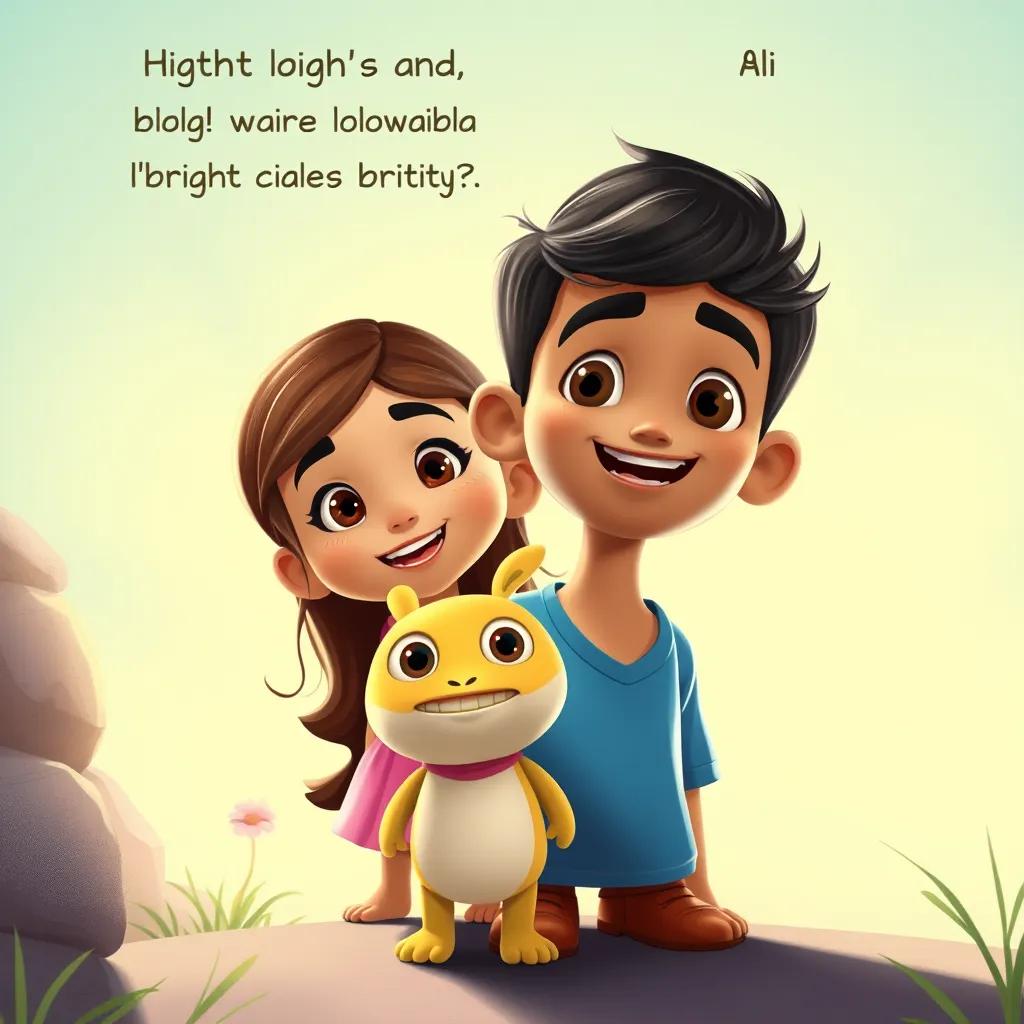 Image of Ali, a young Arab boy with short black hair and a blue shirt, and Rahab, a young Arab girl with long brown hair in a pink dress, meeting a friendly creature named Bibin who has bright colors and big eyes, talking about high and low values, joyful illustration, child-friendly, detailed