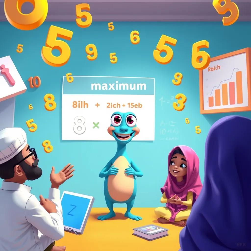 Image of Bibin, the friendly creature, explaining absolute maximum and minimum values to Ali and Rahab, surrounded by floating numbers and charts, engaging scene, bright and colorful, educational atmosphere, digital painting, vibrant