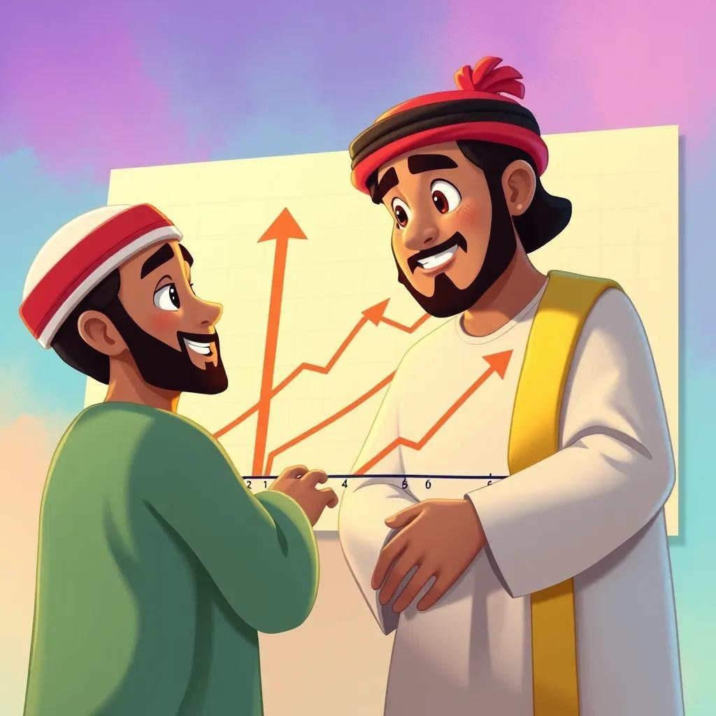 Image of Ali and Rahab observing a graph showing increasing and decreasing functions, with arrows pointing upwards and downwards, colorful background, educational theme, lively style, detailed art