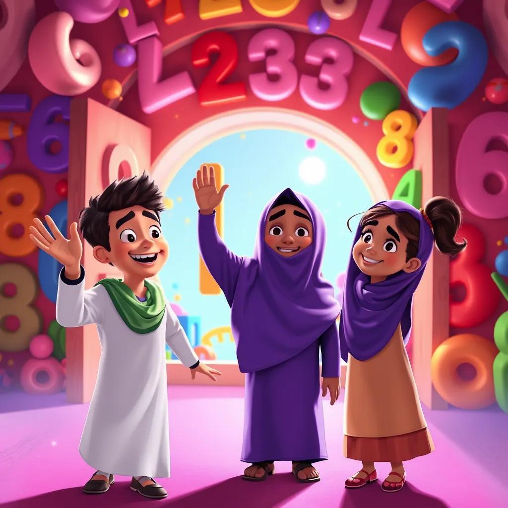 Image of Ali and Rahab, happy and smiling, waving goodbye to Bibin as they leave the colorful number world, feeling excited about what they learned, warm atmosphere, bright colors, digital illustration, heartwarming