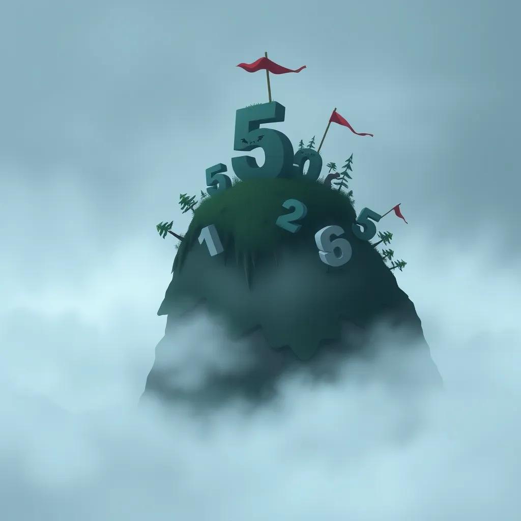 Image of A gloomy island with sad numbers trying to rise but falling back down, surrounded by thick fog, muted colors, illustration, heavy atmosphere, child-friendly