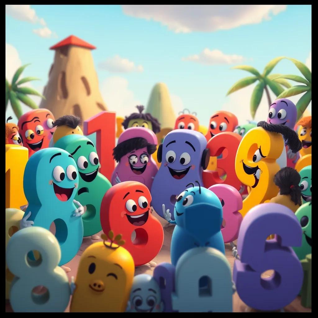 Image of A scene where joyful numbers gather together, planning their trip from the happy island to the sad island, diverse numbers, colorful, cheerful gathering