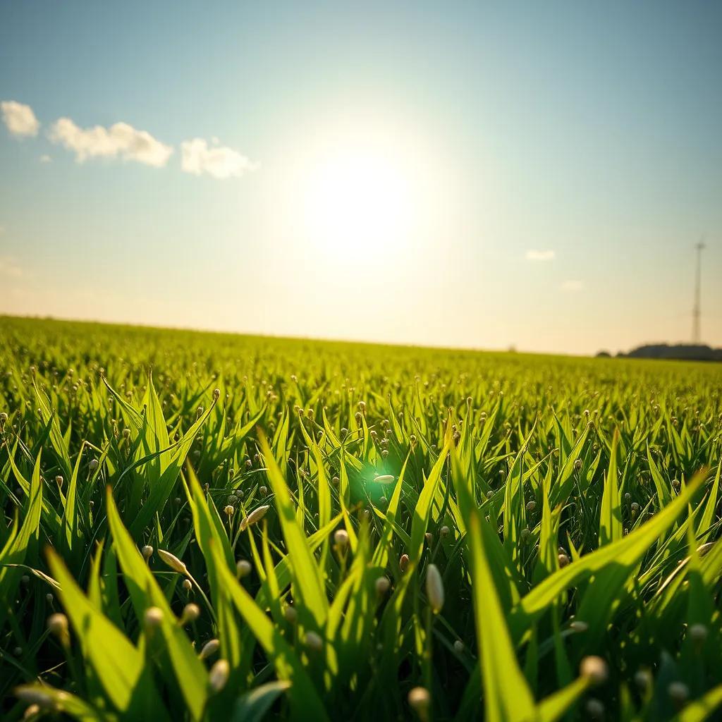 Image of A sunny landscape with small seeds in a lush green field, gentle breeze blowing, bright sun in the sky, digital art, vibrant colors, cheerful atmosphere, high quality