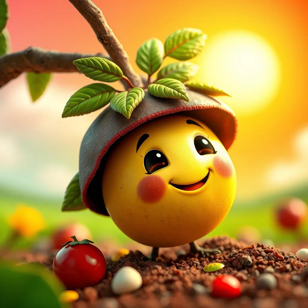 Image of A close-up of a fruit seed dreaming of becoming a tree, with a smiling face, colorful background, bright sunny day, cute characters, cartoon style, friendly vibe, high quality