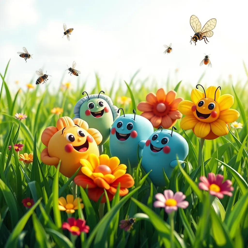 Image of Some colorful flower seeds talking about their dreams, surrounded by green grass and sunshine, happy expressions, friendly insects flying around, cheerful style, vibrant colors, high quality