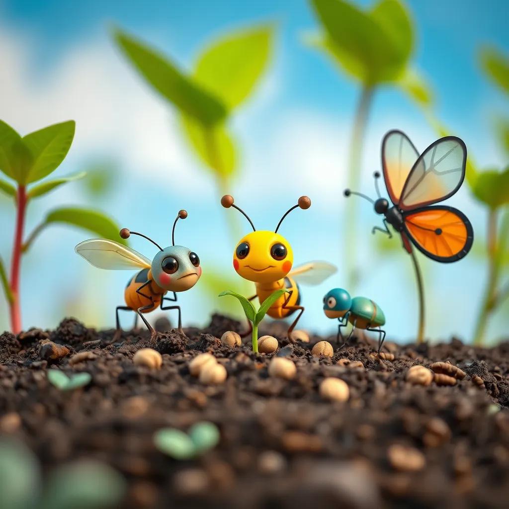 Image of Small friendly insects helping the seeds spread in the soil, colorful background of blue sky and green plants, cute characters, whimsical style, heartwarming scene, high quality