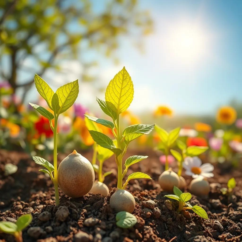 Image of The seeds growing into plants, with new leaves and colorful flowers, vibrant nature full of life, sunny day, detailed illustration, joyful atmosphere, high quality