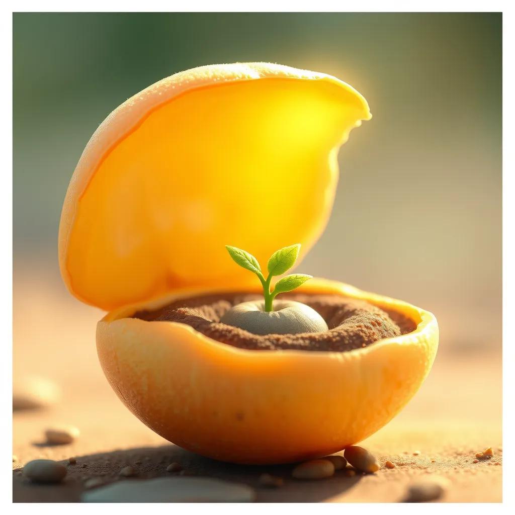 Image of A small seed coat splitting open, revealing a tiny embryo inside resembling a small plant, soft sunlight, vibrant colors, cheerful illustration