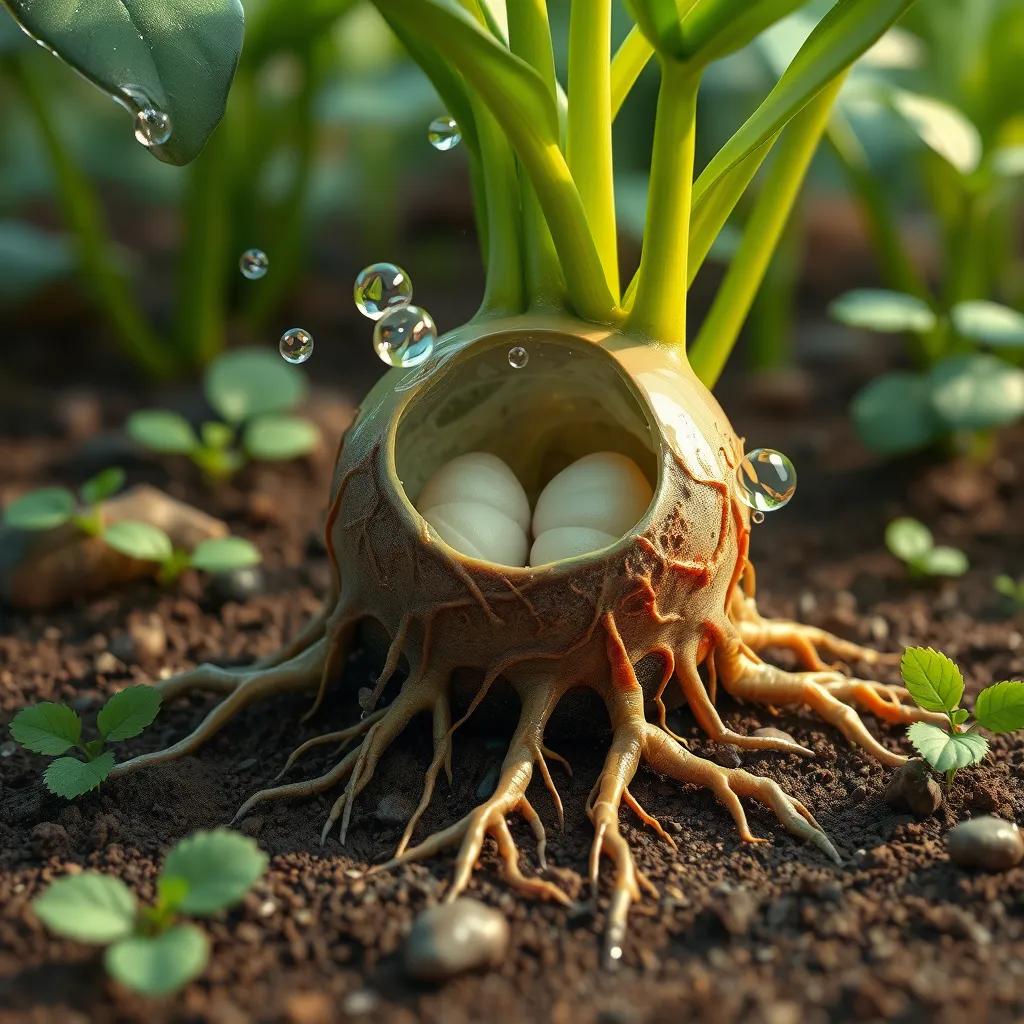 Image of Roots developing from the embryo, drinking water and nutrients from rich soil, greenery around, lively depiction, colorful and engaging