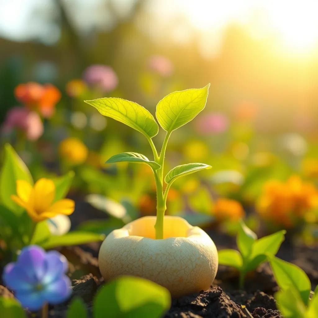 Image of A beautiful young plant emerging from the seed coat under morning sunlight, vibrant garden background, cheerful and bright atmosphere, high-quality illustration