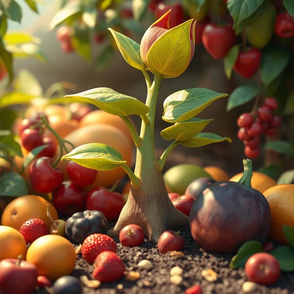 Image of A beautiful plant with a scar representing its journey, surrounded by delicious fruits, with a joyful atmosphere, colorful setting, heartwarming digital art