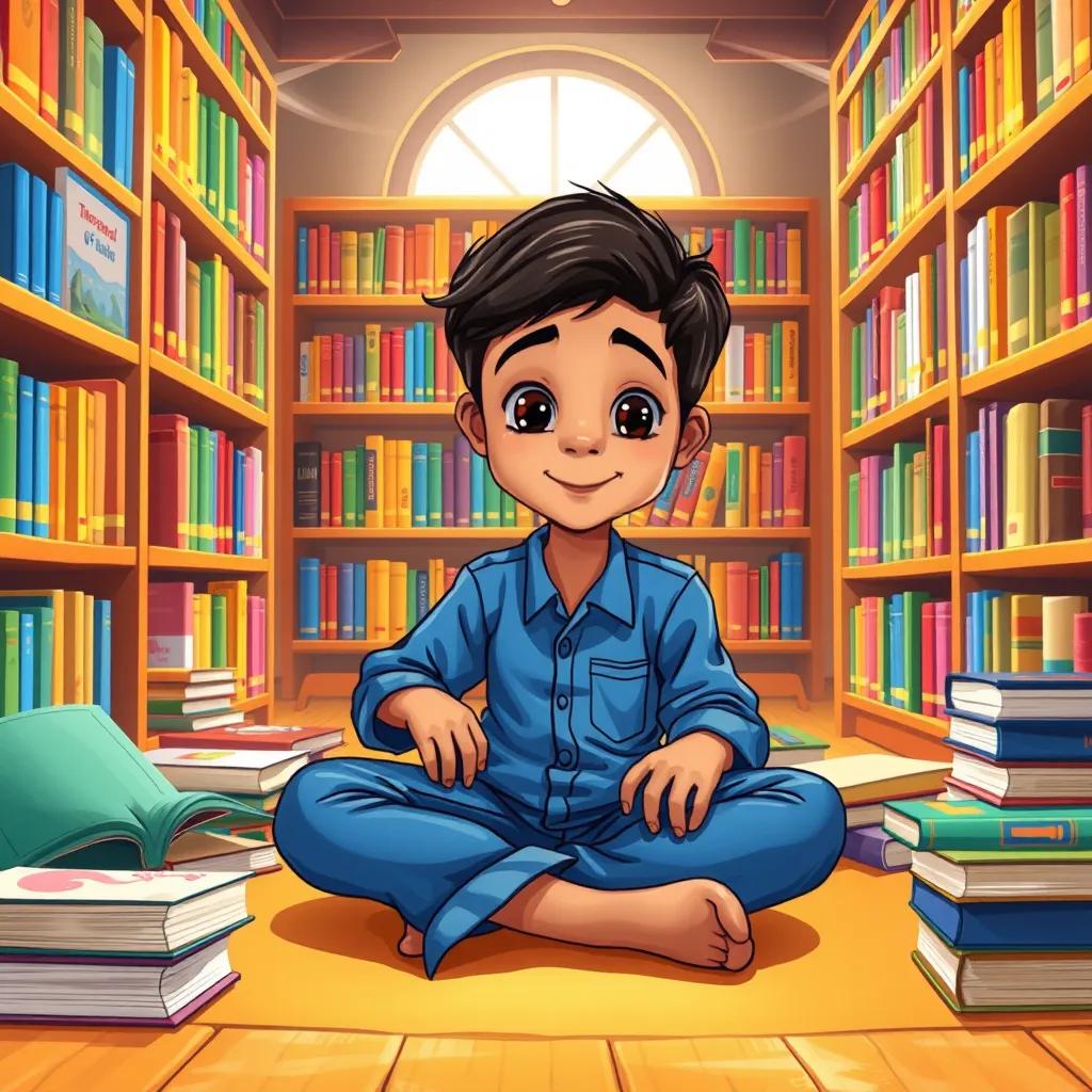 Image of A young Arab boy, Sami, with short black hair, wearing a blue shirt and jeans, sitting on the floor of a colorful library, surrounded by books, digital art, vibrant colors, warm atmosphere, high quality