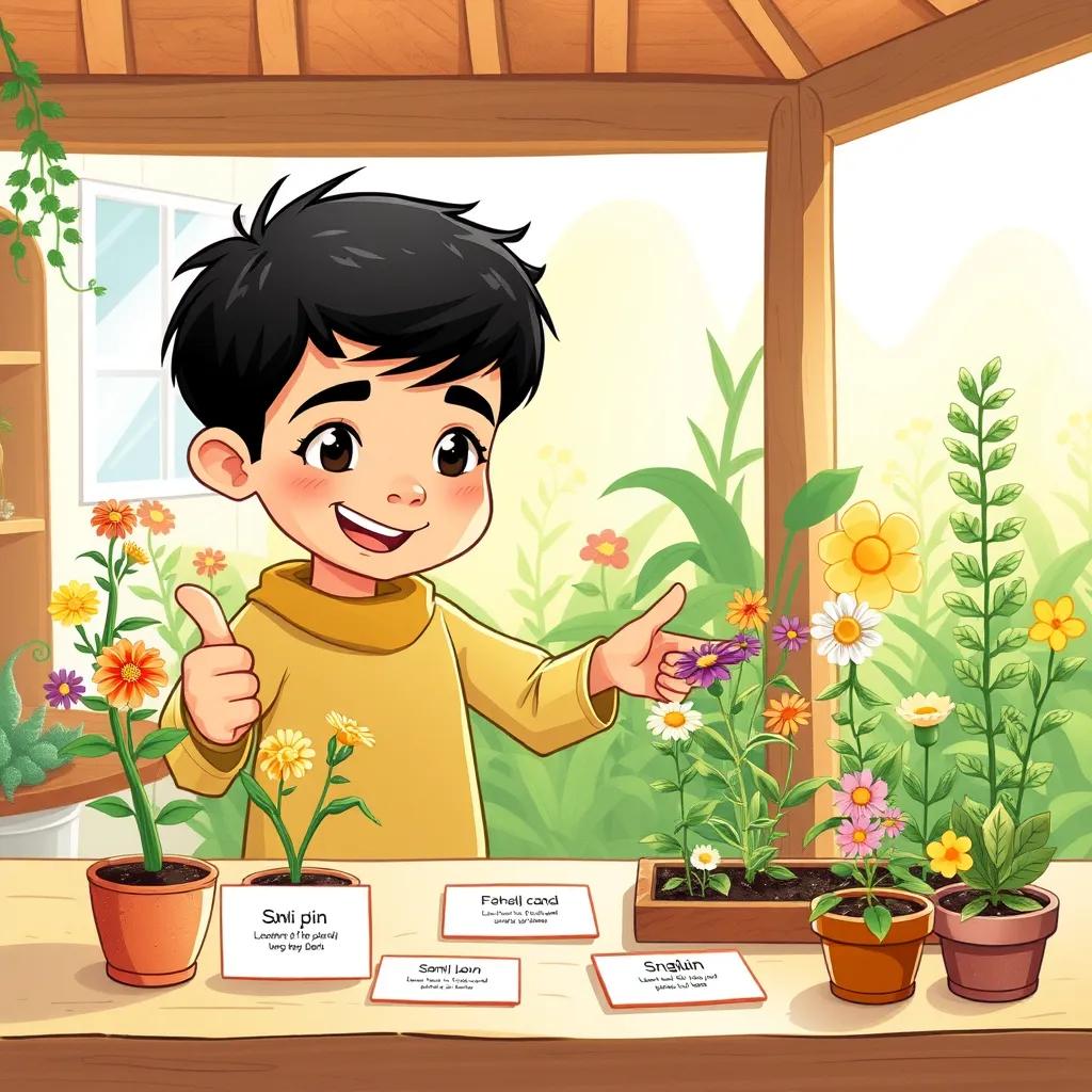 Image of Sami, a young Arab boy with short black hair, standing by a table with plants and labels, excitedly pointing at different flowers and plants in his small garden, cheerful, colorful, bright sunlight, high quality