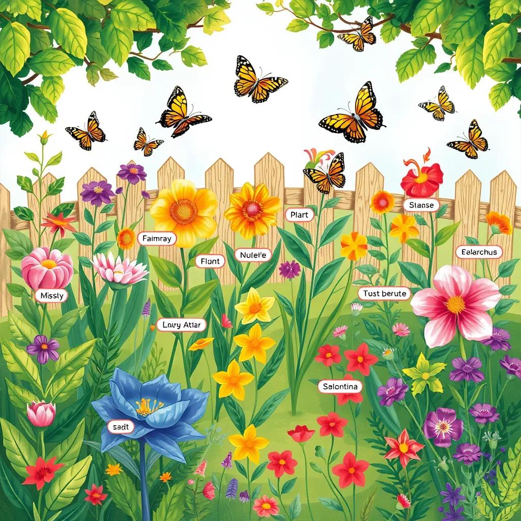 Image of A beautiful garden created by Sami, featuring various types of plants, each labeled, with butterflies flying around, bright colors, lively scene, high quality