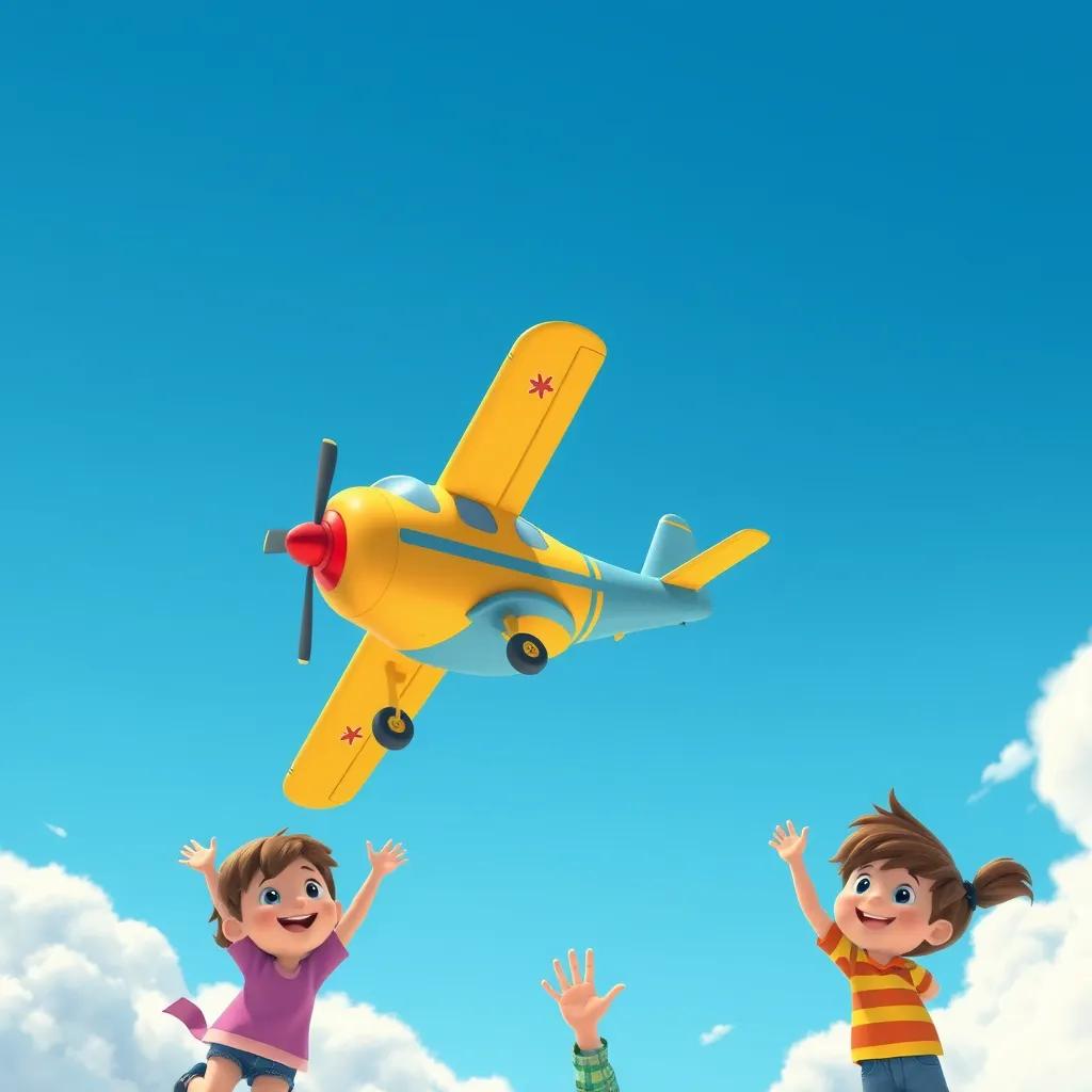 Image of A colorful small airplane flying in a bright blue sky, with fluffy white clouds surrounding it, children waving excitedly from below, cheerful, digital art, vibrant colors, inviting atmosphere, high quality