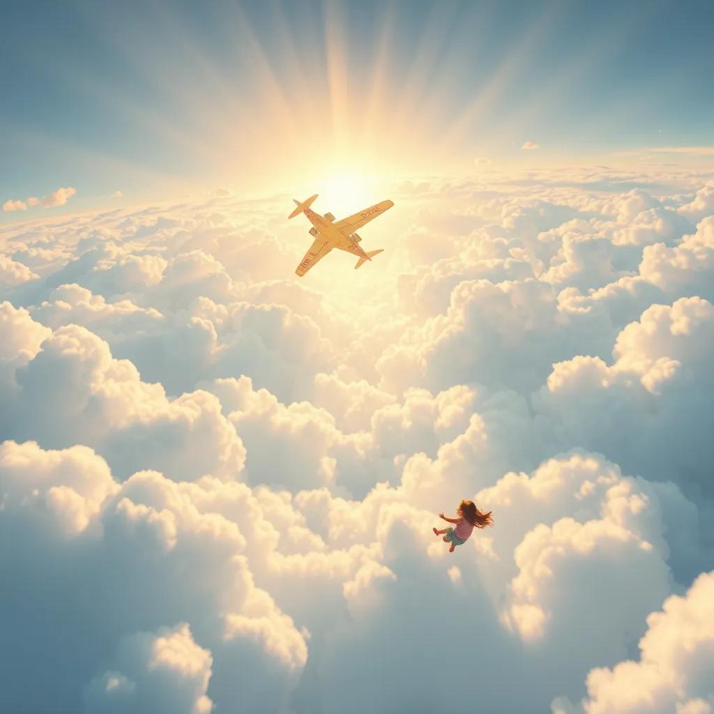 Image of A view from high above the clouds, with the colorful airplane soaring through the sky, rays of sunlight breaking through the clouds, children imagining their next adventure, dreamy, digital painting, soft colors, uplifting