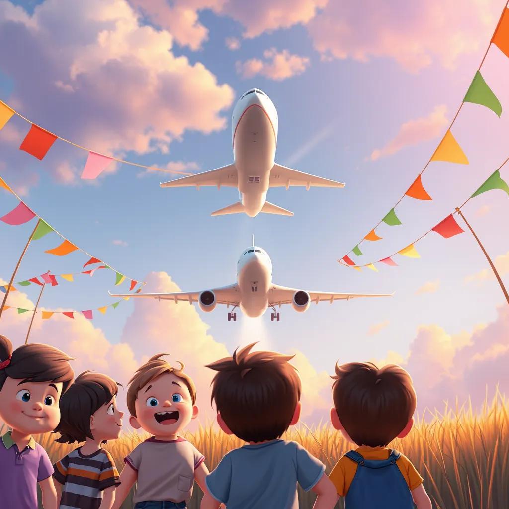 Image of The airplane descending slowly towards the ground, children watching with excited expressions, colorful banners waving in the wind, heartwarming, digital art, warm colors, joyful scene, high quality