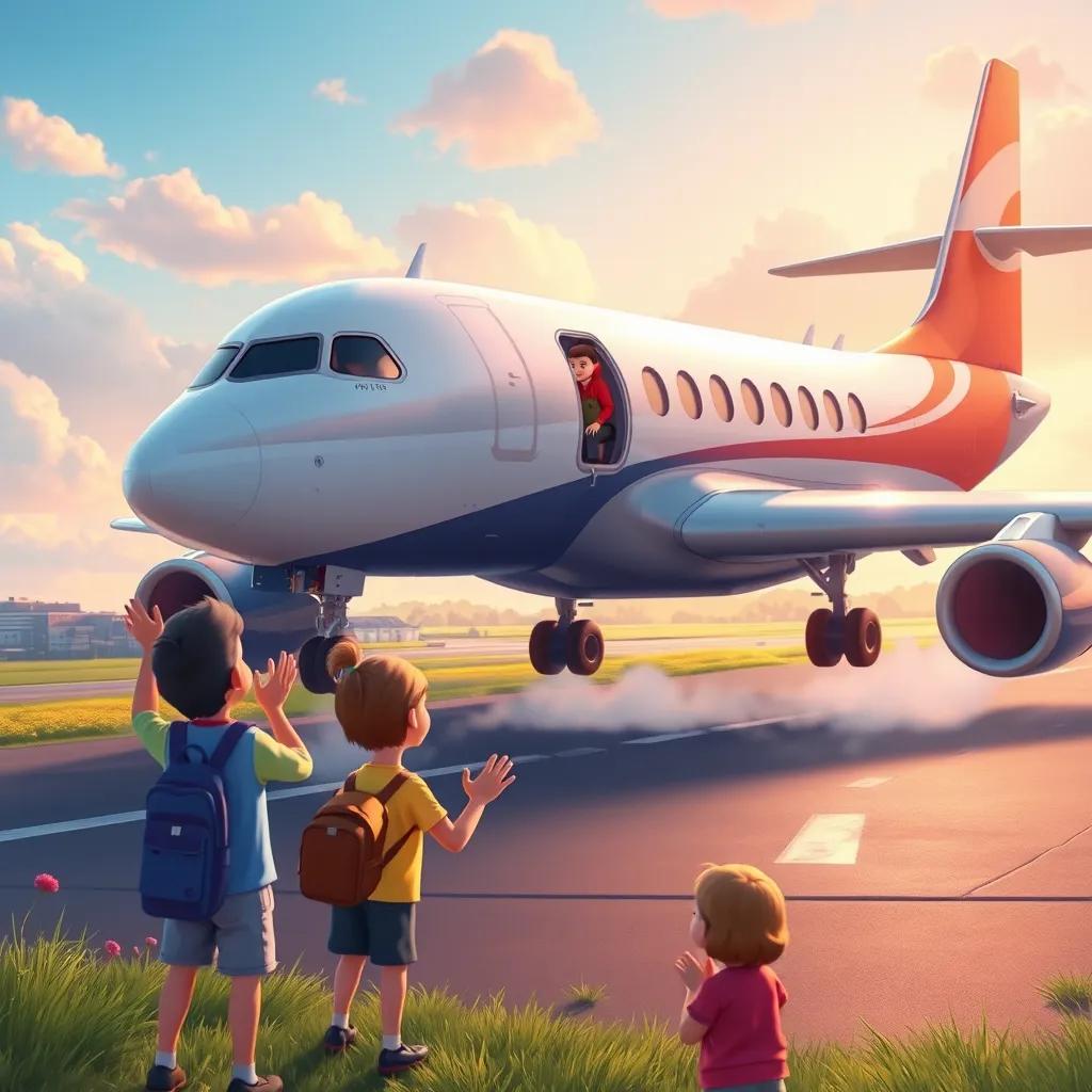 Image of The airplane safely landing on the runway, children clapping and cheering, a pilot waving from the cockpit, everyone smiling and happy, magical, colorful scene, digital art, lively atmosphere, high quality