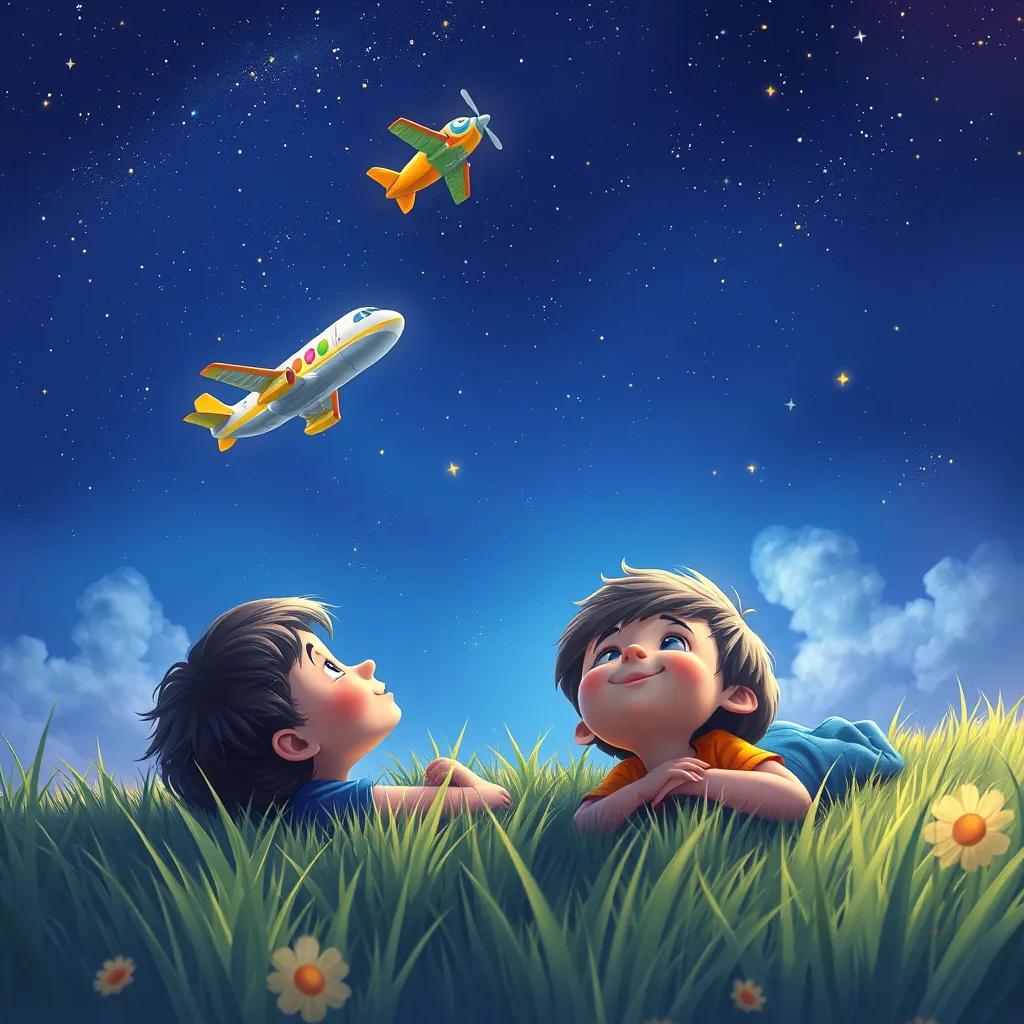 Image of Children lying on the grass, gazing up at the stars, dreaming of flying, the colorful airplane flying above them in the night sky, whimsical, vibrant colors, digital painting, serene atmosphere, high quality