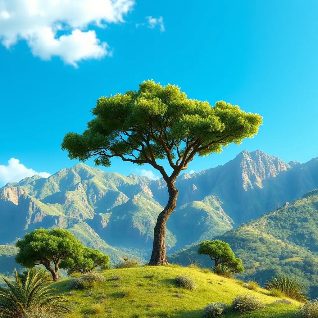 Image of A beautiful mountain landscape in Oman under a blue sky, with lush greenery and a prominent tall tree providing shade, vibrant colors, detailed, inviting atmosphere