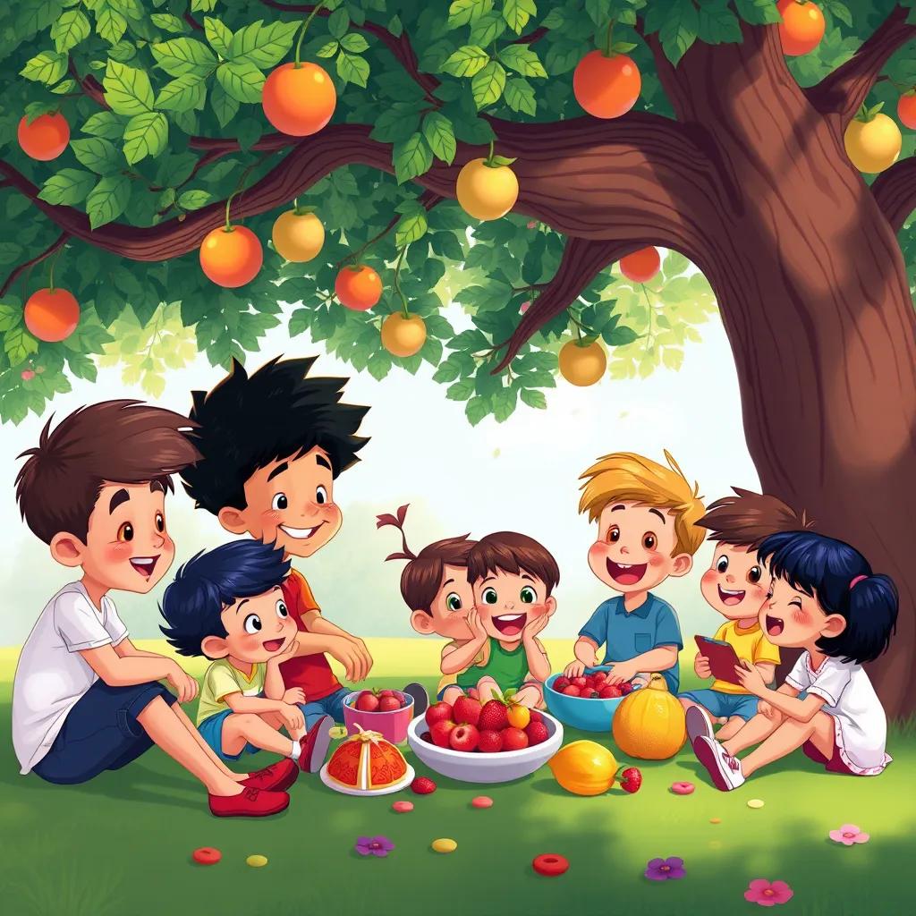 Image of A group of happy children playing under the big tree, with fruit and sweets spread around, laughing and sharing stories, cheerful expression, colorful, friendly scene