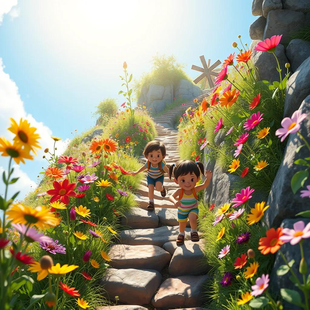 Image of Children climbing a narrow trail adorned with colorful flowers swaying in the breeze, bright sunlight, vivid colors, joyful atmosphere, adventurous feel