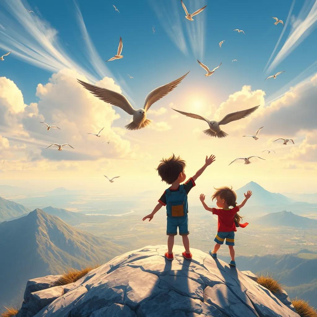 Image of At the mountain peak, children feeling free like birds under a windy sky, beautiful panoramic view stretching out behind them, colorful, high-energy