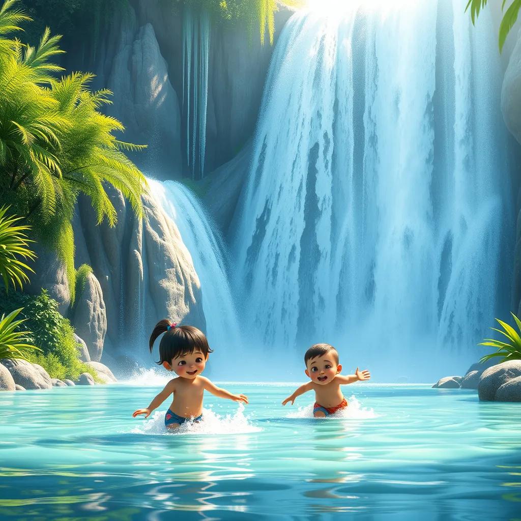 Image of A shimmering waterfall surrounded by lush greenery where kids are joyfully splashing in the cool water, bright and refreshing, child-friendly scene