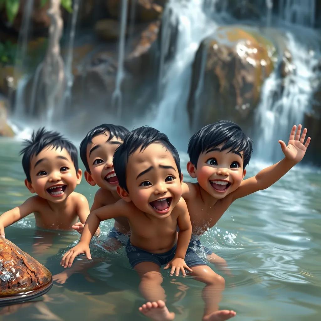 Image of Children playing in the water near the waterfall with delightful expressions, exuberant, lively, vibrant colors capturing the joy of the moment