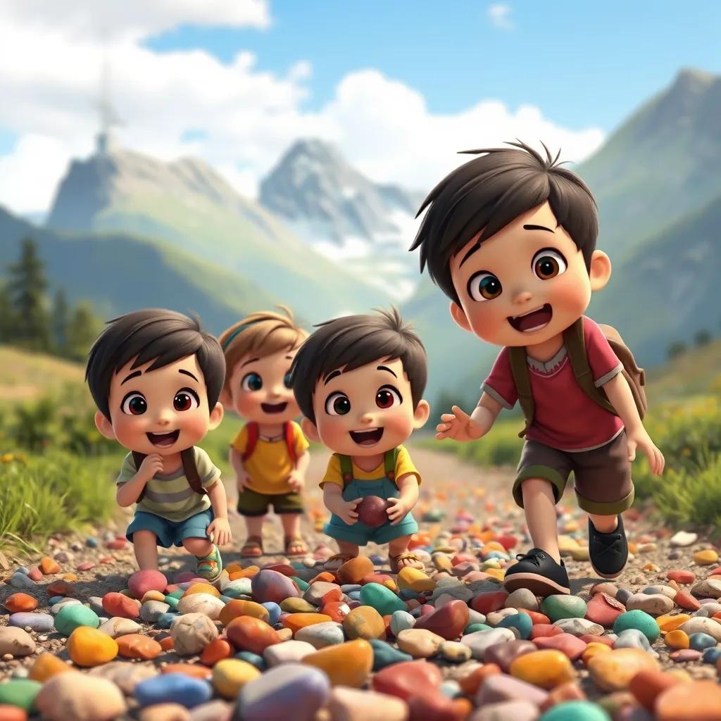 Image of Children gathering colorful pebbles on the way back, excited expressions, beautiful background of mountains and greenery, heartwarming scene