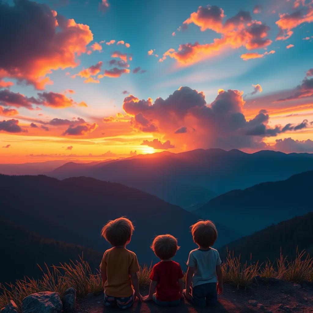 Image of A stunning sunset casting colorful hues over the mountains, children gazing in awe at the sky, magical feeling, rich colors, inspiring