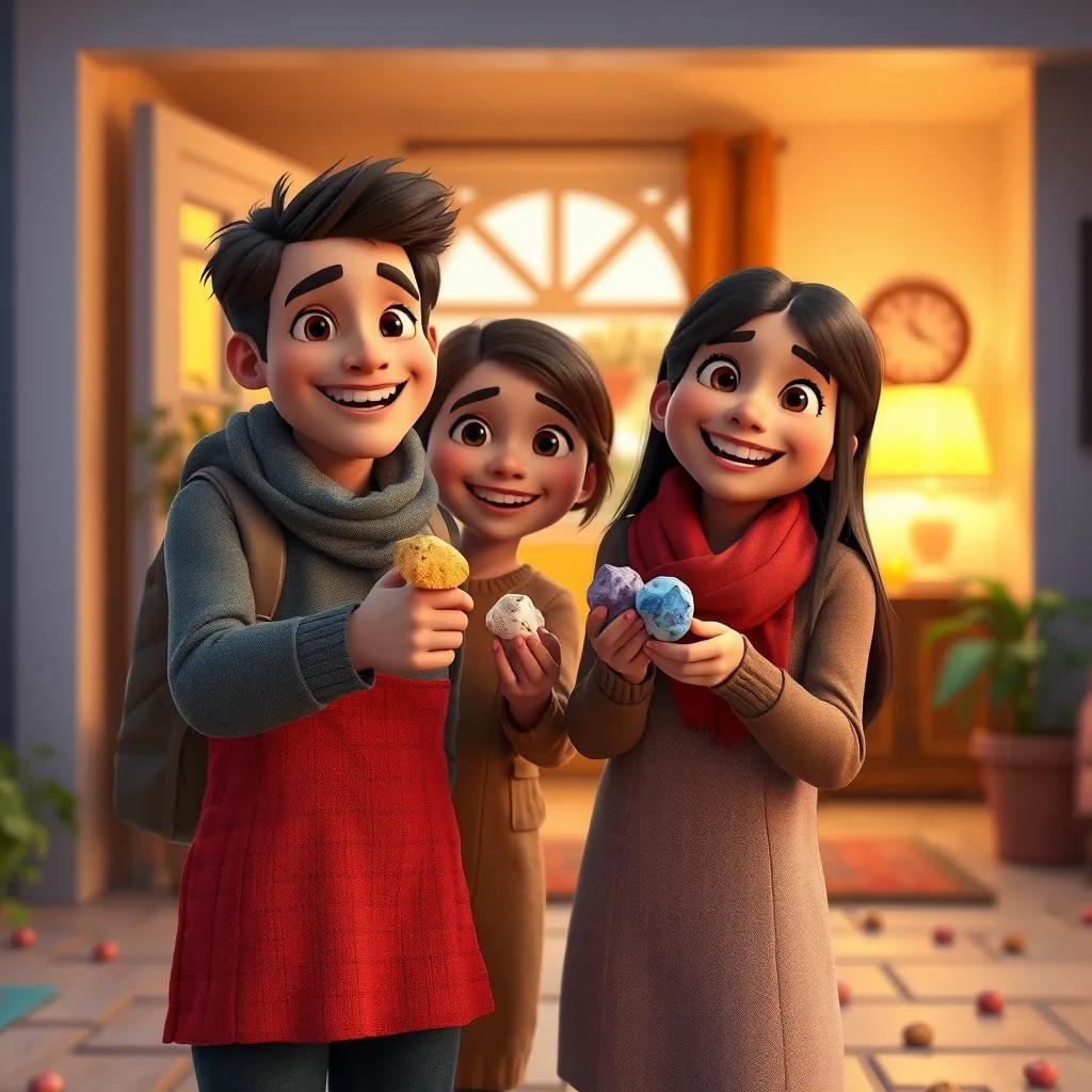 Image of Friends arriving home with smiles, displaying pieces of colorful pebbles, warm home atmosphere in the background, joyful scene