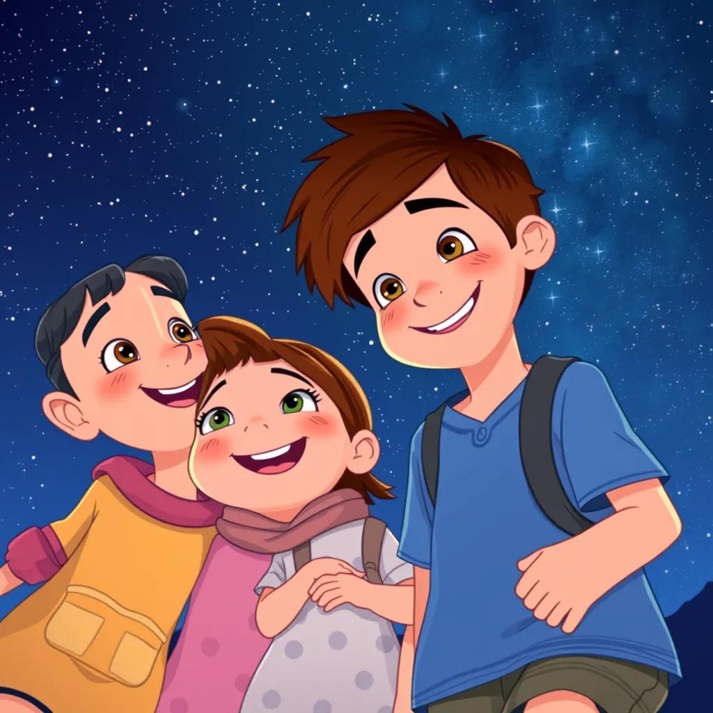 Image of The children smiling and reminiscing about their adventure in front of a starry night sky, celebrating friendship, vibrant and heartwarming