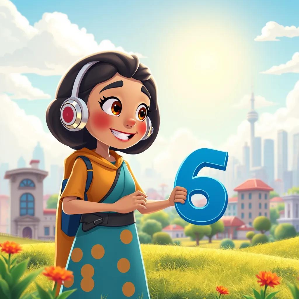 Image of The main function 'Mother' guiding a small number in a sunny landscape of programming, showing a friendly demeanor, with bright colors and a cityscape background, detailed illustration, educational, uplifting scene, high quality