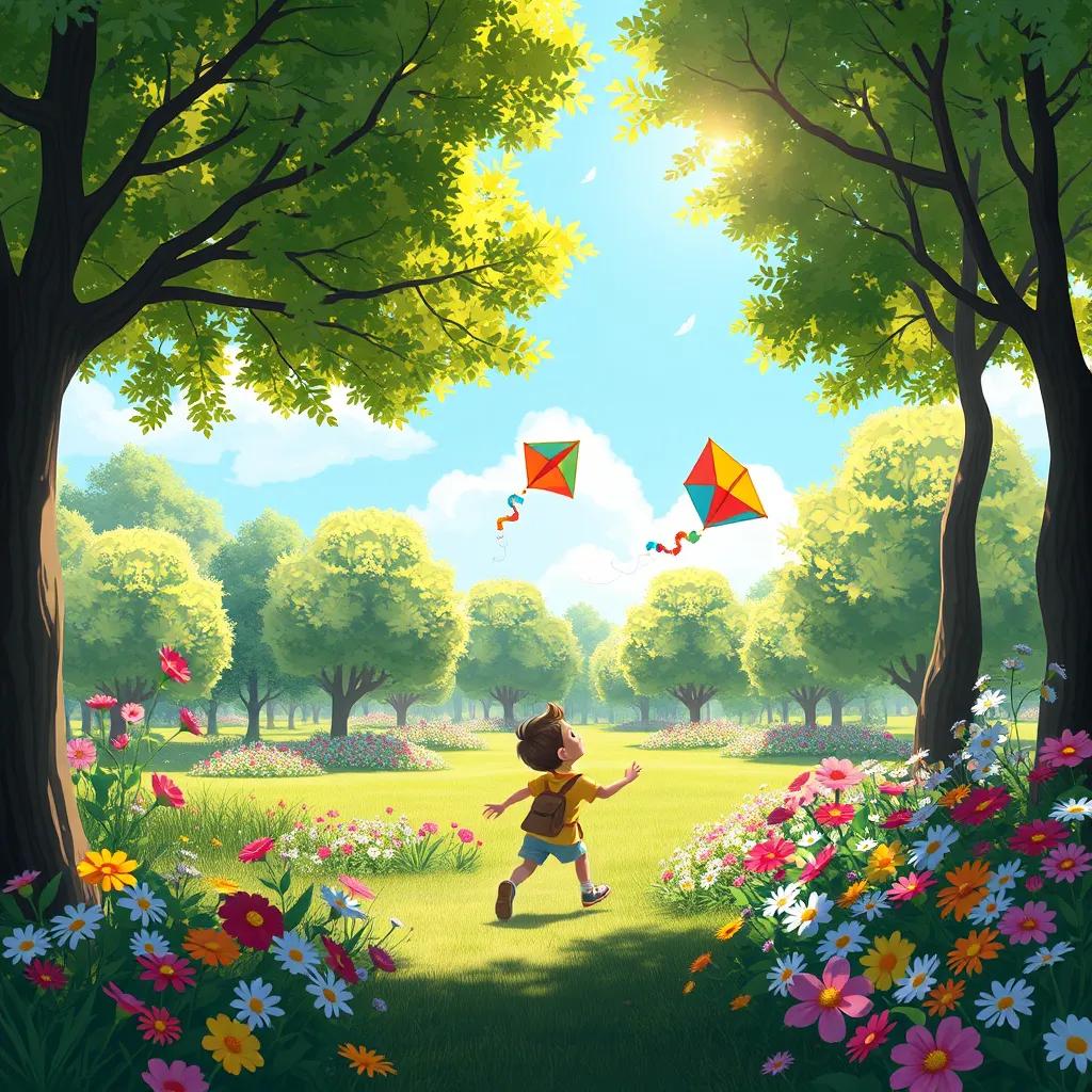 Image of A beautiful park filled with flowers and trees, children playing with a colorful kite and painting the sky, cheerful and vibrant atmosphere, soft sunlight filtering through leaves, high-quality illustration